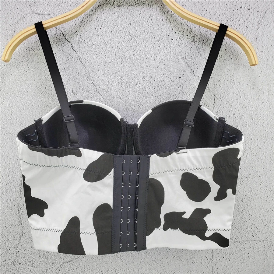 Cami curto com impressão de vaca para as mulheres, top sem encosto, com built-in sutiã, sutiã push-up, boate, harajuku, sexy, verão