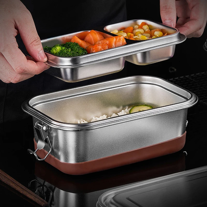 

Lunch Box Food Grade Stainless Steel Anti-Leak Bento Box Strong Tightness Double Layer Metal Lunch Container with Lock Clips