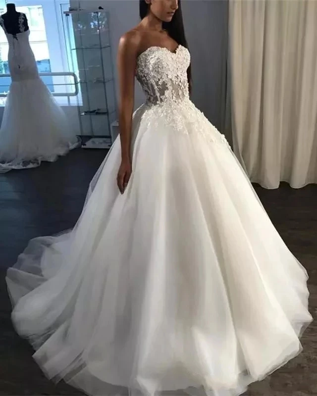 

Angelsbridep Sweetheart Tulle Ball Gown Wedding Dress Robe De Mariee Sexy See Though Bodice Appliques Formal Boho Bride Dress