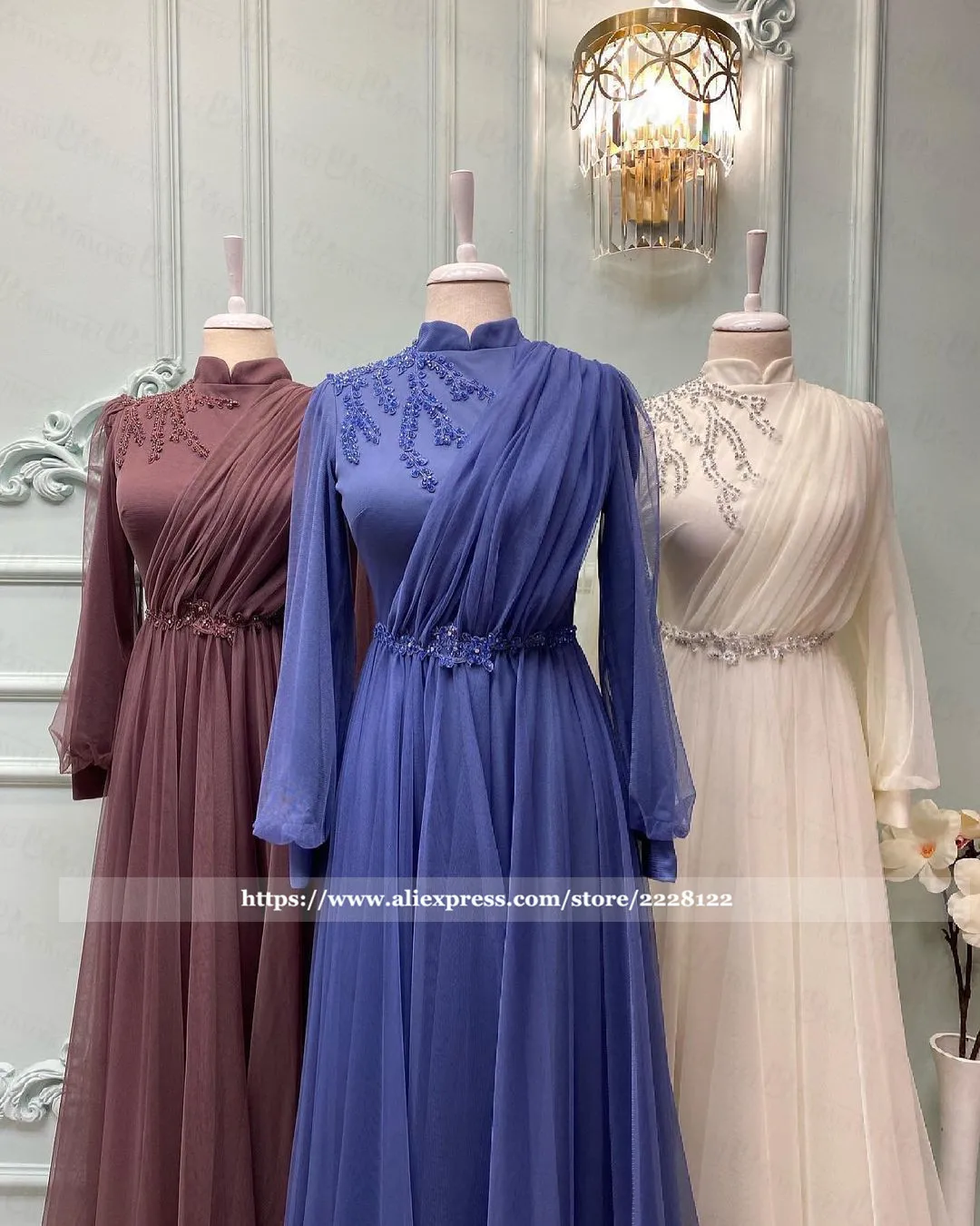 Elegant ดูไบ Kaftan ยาวแขนเสื้ออย่างเป็นทางการ2022ลูกปัดลูกไม้ Tulle A-Line อาหรับมุสลิม Hijab ชุดราตรี Abiye Gece Elbisesi