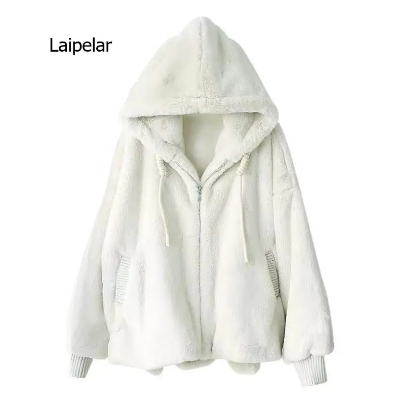 Women Hooded Plush Loose Jacket Oversized Faux Rabbit Fur Coat Young Students White Zipper Plush Jacket Autumn Winter