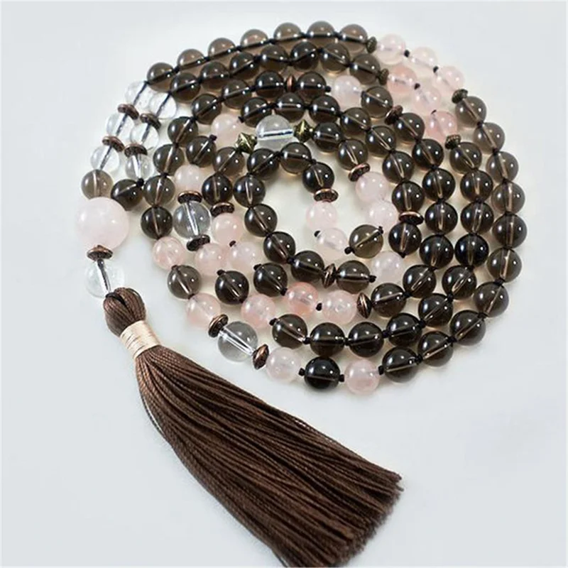 

8mm Smokey Quartz 108 Beads Handmade Tassel Necklace Japa Mala Religious Meditation Buddhist Prayer Men