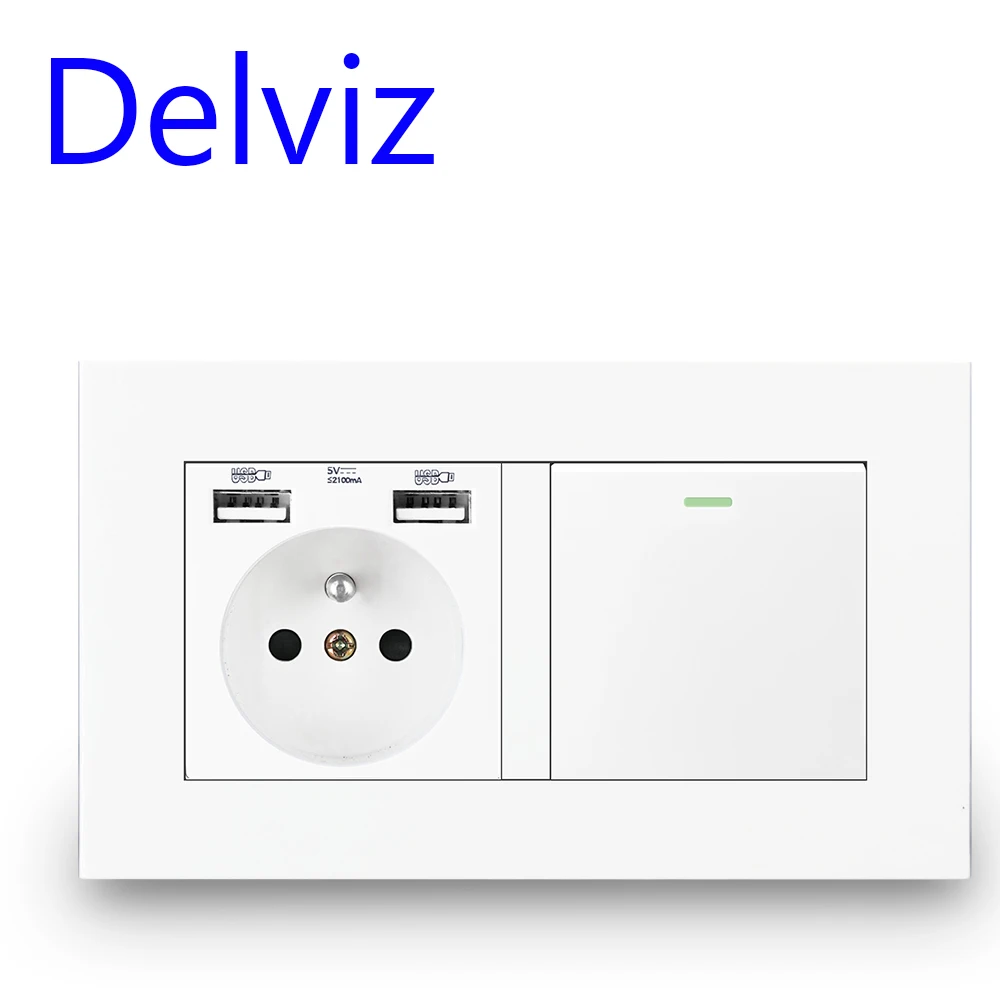 Delviz French Standard Light Switch,1 Gang 1Way / 2Way Stair Corridor Switch, White With switch panel, 16A Wall Power USB Socket