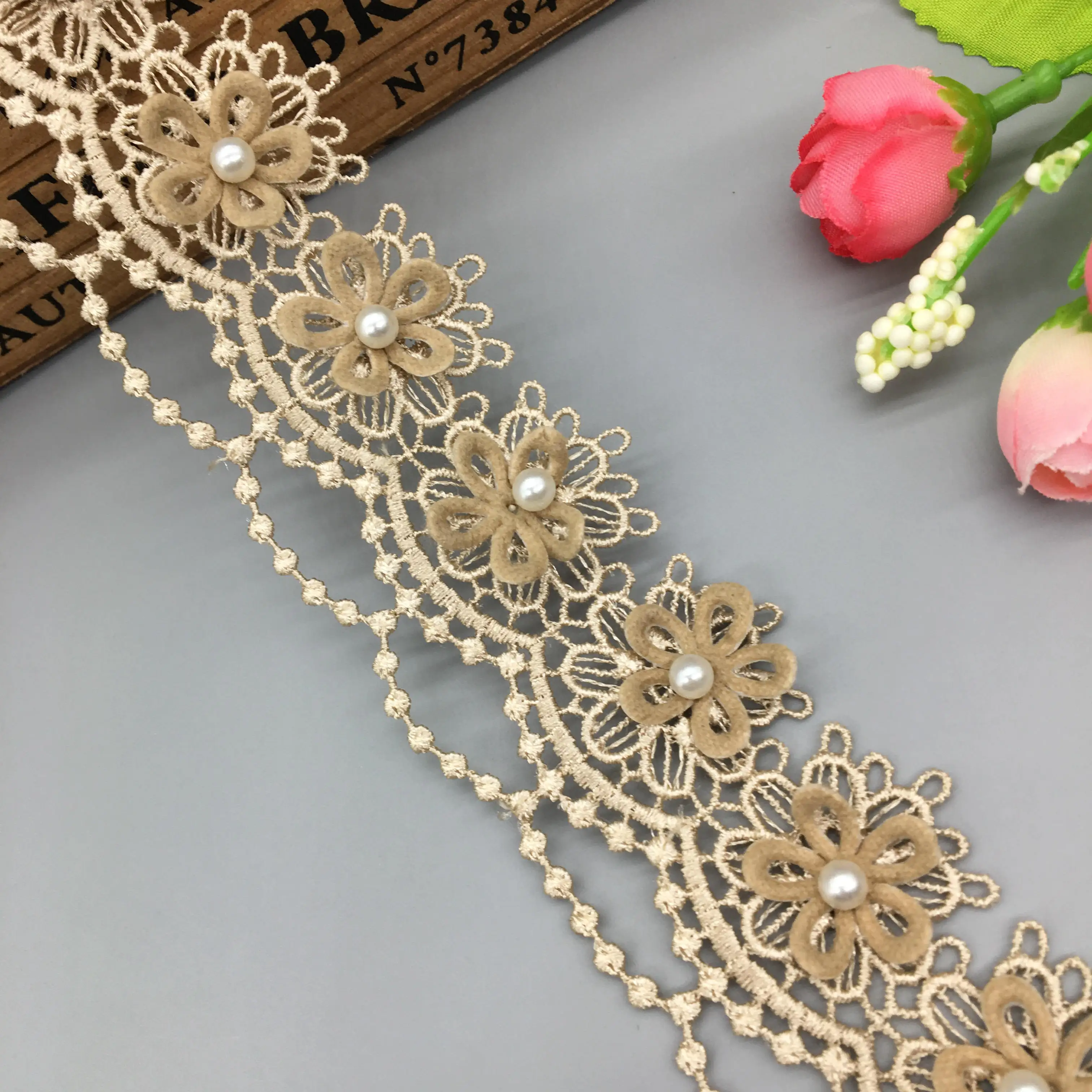 

1 yard Brown 4cm Pearl Beaded Sun Flower Wave Embroidered Lace Trim Ribbon Applique DIY Sewing Craft For Costume Wedding Dress