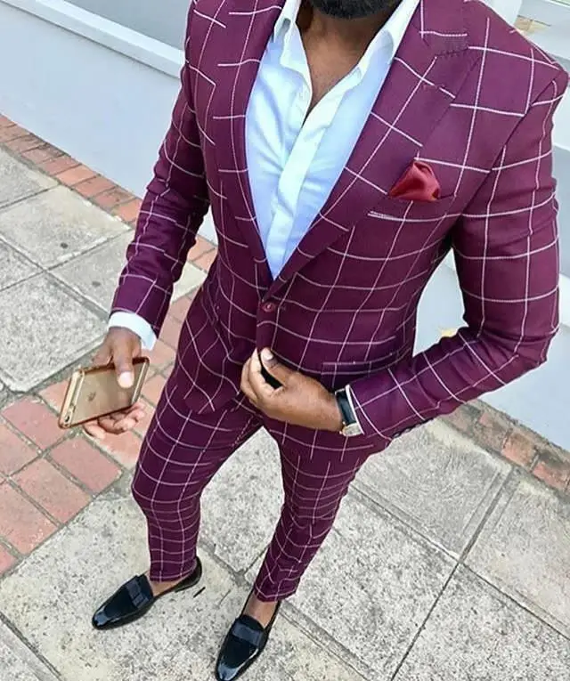 Latest Plaid Male Suit For Men Casual Burgundy Men Suit 3 Piece Business Clothing Costume Homme Custom Made Chic High Street