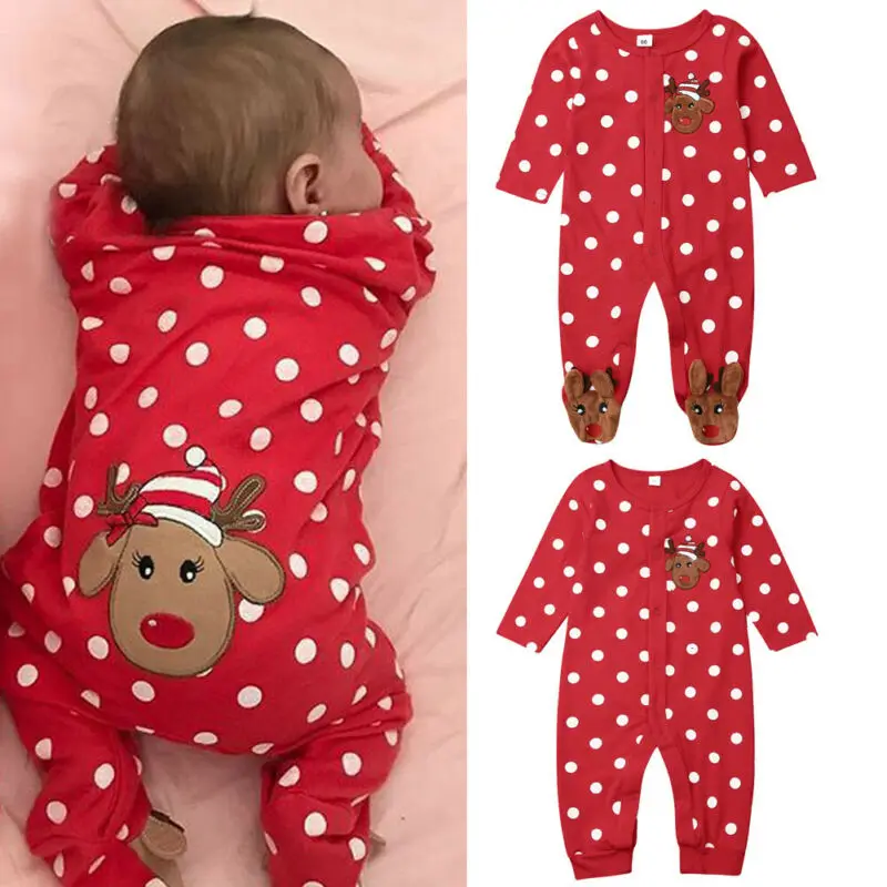 My First Christmas Newborn Baby Girls Boys Clothes Polka Dot Deer Print Romper Jumpsuit Outfits 0-18M