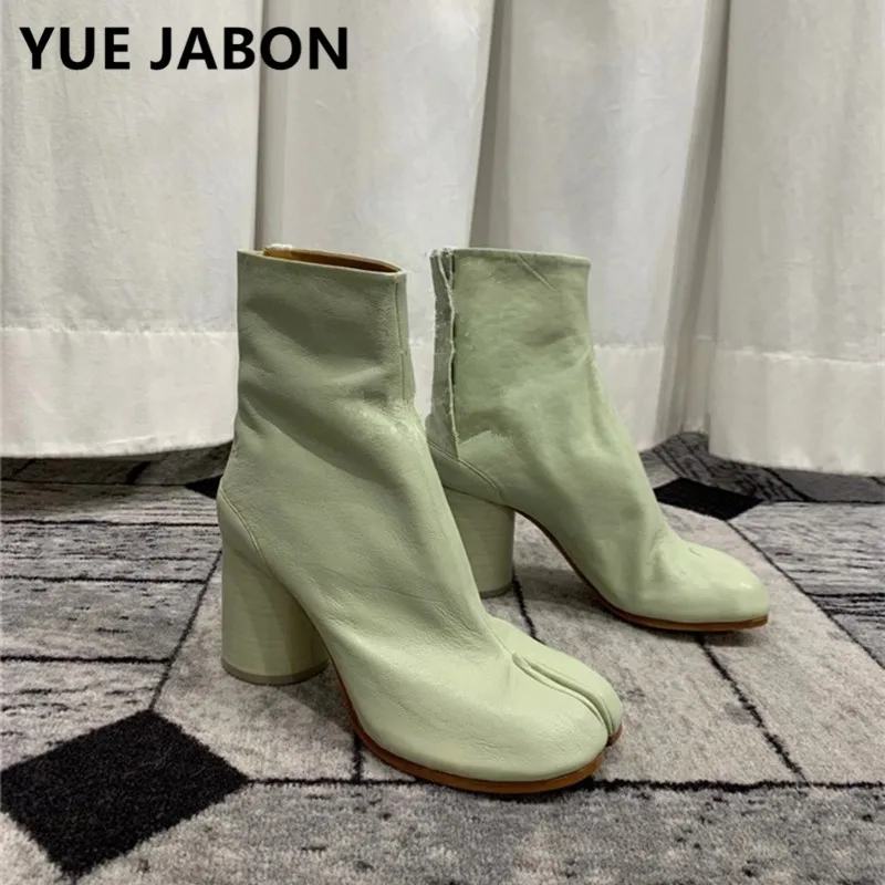 Green Ninja Tabi Boots Female Shoes Women Split Toe Ankle Boots Leather Round Heels Shoes Short Woman Boots Short Heels Blue