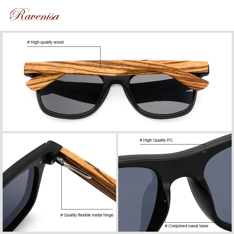 Ravenisa-Lunettes de soleil en bois pour hommes et femmes, verres miroir, sans bords, design de marque, nuances colorées, faites à la main