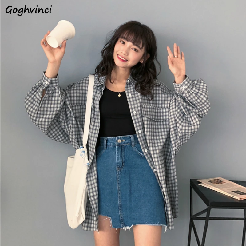 Blouses Shirts Women Long Sleeve Plaid Lantern Loose 3XL All-match Students Korean Style Womens Casual Tops Fashion Vintage Chic