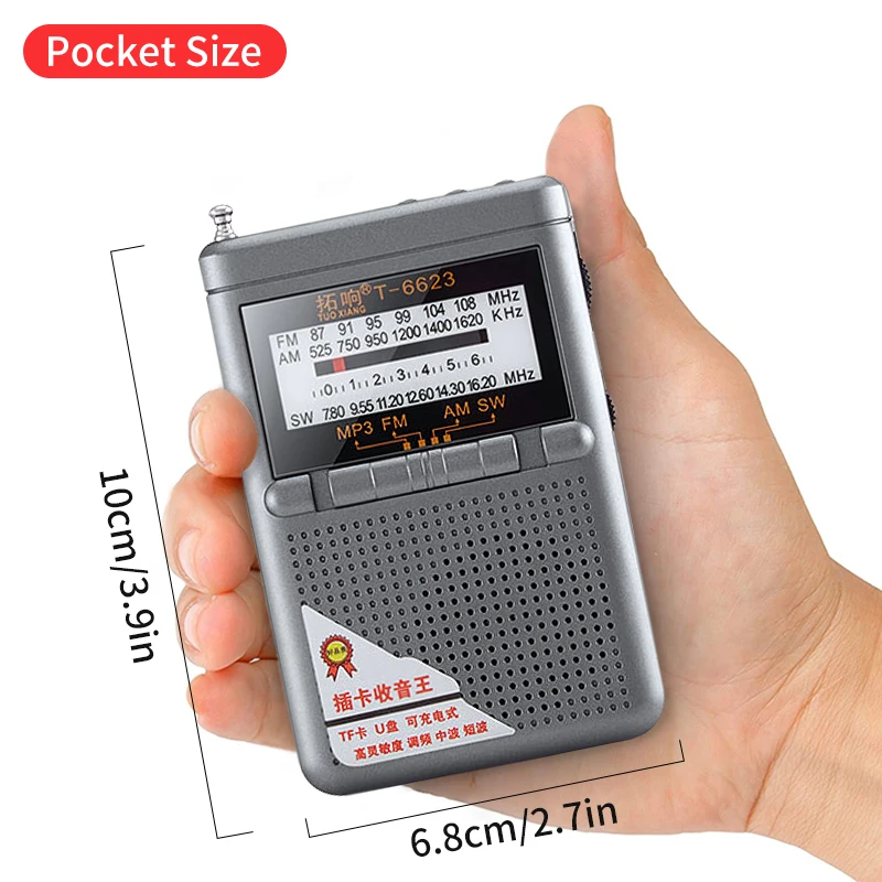 Full Band Radio Receiver FM/AM/SW World Band with LCD Display Portable Radio Pocket Radio Mini Radio with Buckle Receiver