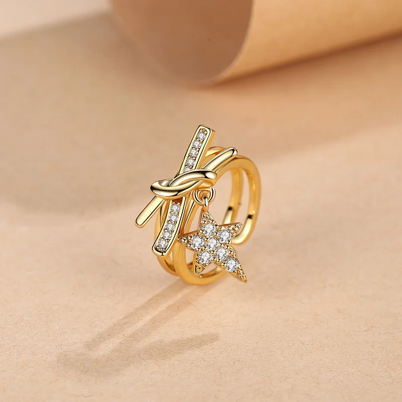 

Irregular Cross Knotted Twist Rings for Women Geometric Zircon Star Pendant Opening Rings Elegant Jewelry Gift