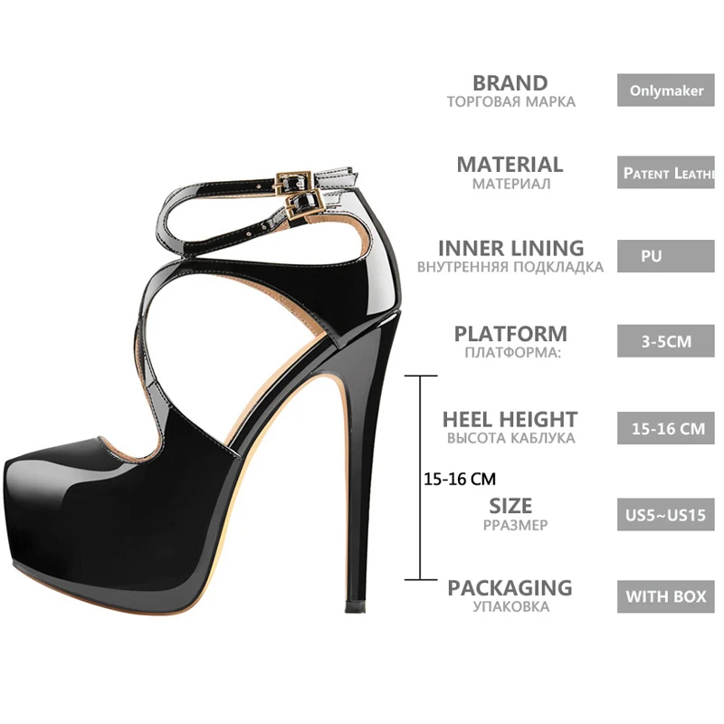 Onlymaker Women 16CM High Heel Ankle Strap Platform Stilettos Pointed Toe  Sandals Pumps Big Size Heels