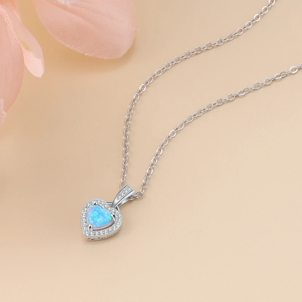 Silver Color Necklaces Heart Shape White Pink Blue Opal Necklaces & Pendants with Cubic Zirconia Fashion Jewelry Gift for Women
