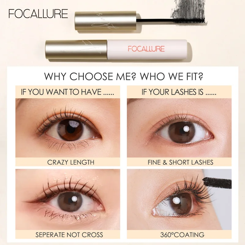 FOCALLURE 3D Silk Fiber Eyelash Mascara Waterproof Long-wearing Curling Lengthening Eye Lash Extension Tool Makeup Cosmetics