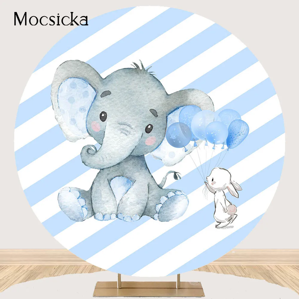 

Elephant Birthday Backdrop Baby Shower Boy Party Decoration Round Circle Elephant Background Elastic Polyester Photocall Props