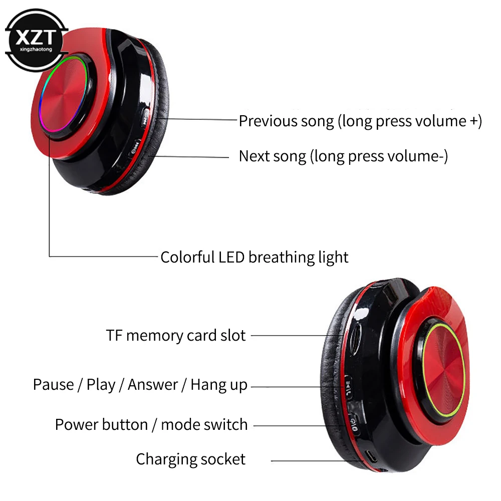 Wireless Headphones Bluetooth 5.0 Headphone with 7 Color Led Light Folding Supoort TF card Headset for Iphone X XS PC with Mic