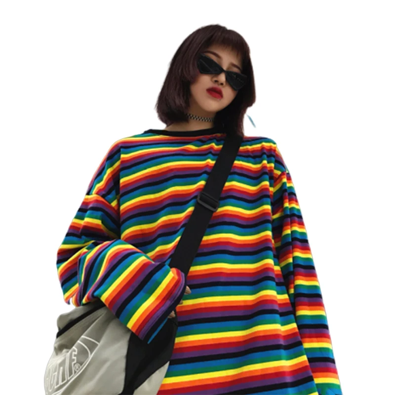 2019 New Women Rainbow Stripe T Shirt Autumn Female Round neck Shirt Long Sleeve Plus Size Tshirts For women Wild T Shirt