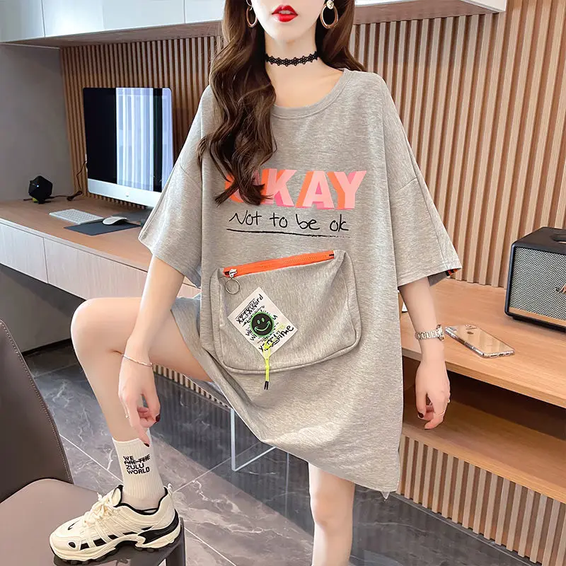 Loose Fashion Casual Short Sleeve Graphic Korean Clothes Aesthetic Women's T-shirt Summer Midi Pulovers T Shirt Tops Round Neck