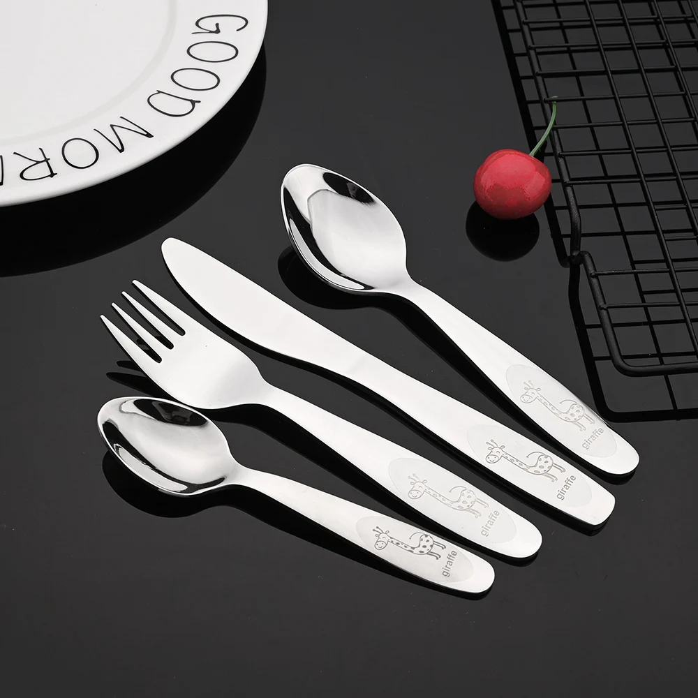 Cute Deer 304 Stainless Steel Flatware Children Cutlery Western Style Fork Spoon Knife Teaspoon Set Baby Feeding Safe Tableware