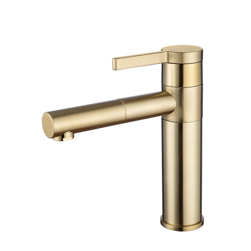 

304 Stainless Steel Brushed Gold Bathroom Basin Faucets Hot & Cold Single Handle Sink Mixer Lavatory Crane Taps Rotating