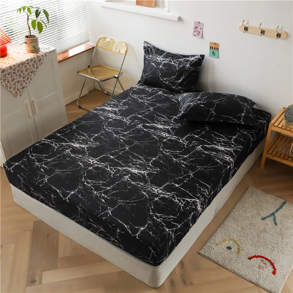 Fashion Black marble pattern Bed Fitted Sheets Sabanas Mattress Cover with Elastic Microfiber 90*200*30 120*200*30cm