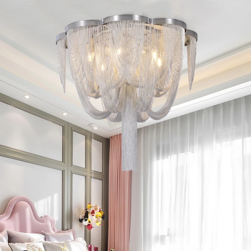 

Современная алюминиевая цепная люстра с хромированной отделкой, светодиодный подвесной светильник для гостиной, фойе, модный современный светильник