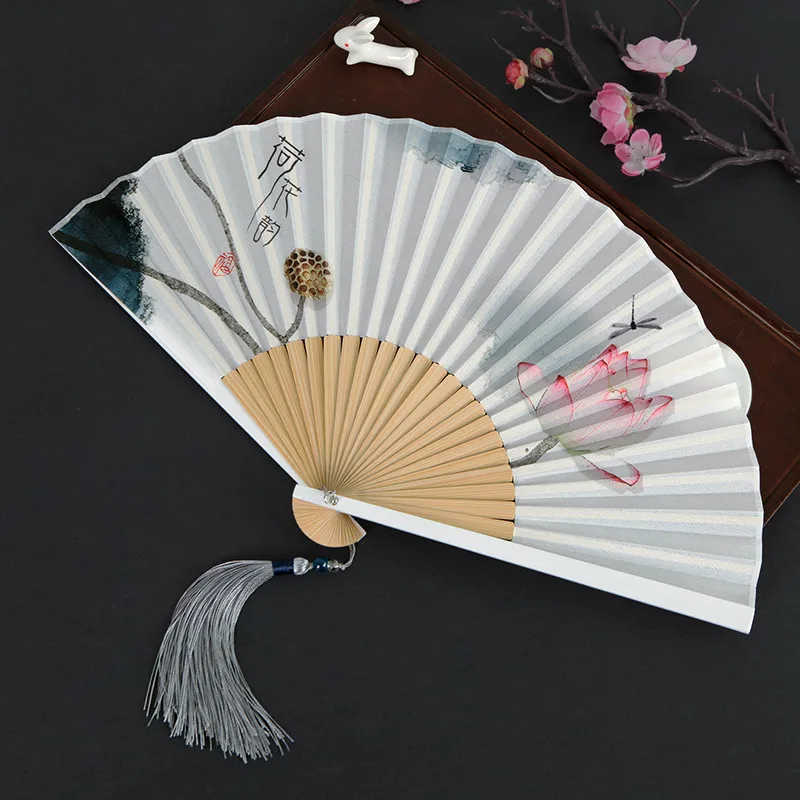 23cm Small Lady Hand Fan Portable Summer Elegant Lotus Orchid Fans Chinese Classical Foldable Gift Bamboo Fan Abanicos Para Boda