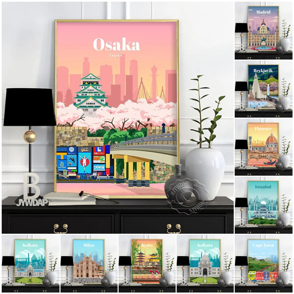 Póster de póster de viaje de ciudad del mundo, Japón, Tokio, Osaka, España, Madrid, estampado de acuarela, Florencia, Milán, Santiago, Chicago, decoración de pared