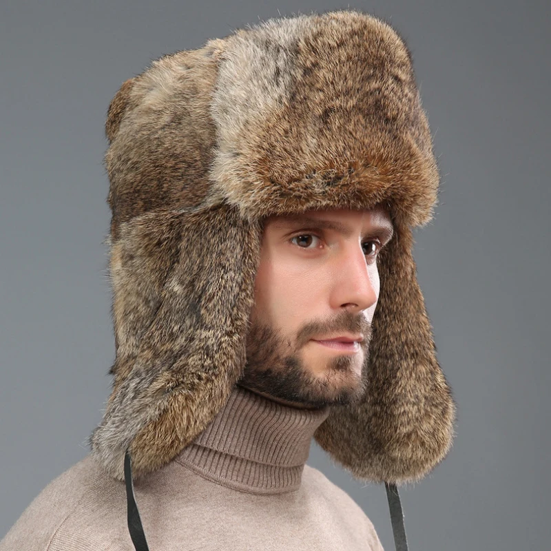 HT3262 Thick Warm Bomber Hat Men Real Rabbit Fur Earflap Trapper Russian Cap Male Plus Size Winter Hats for Men Ski Russian Hat