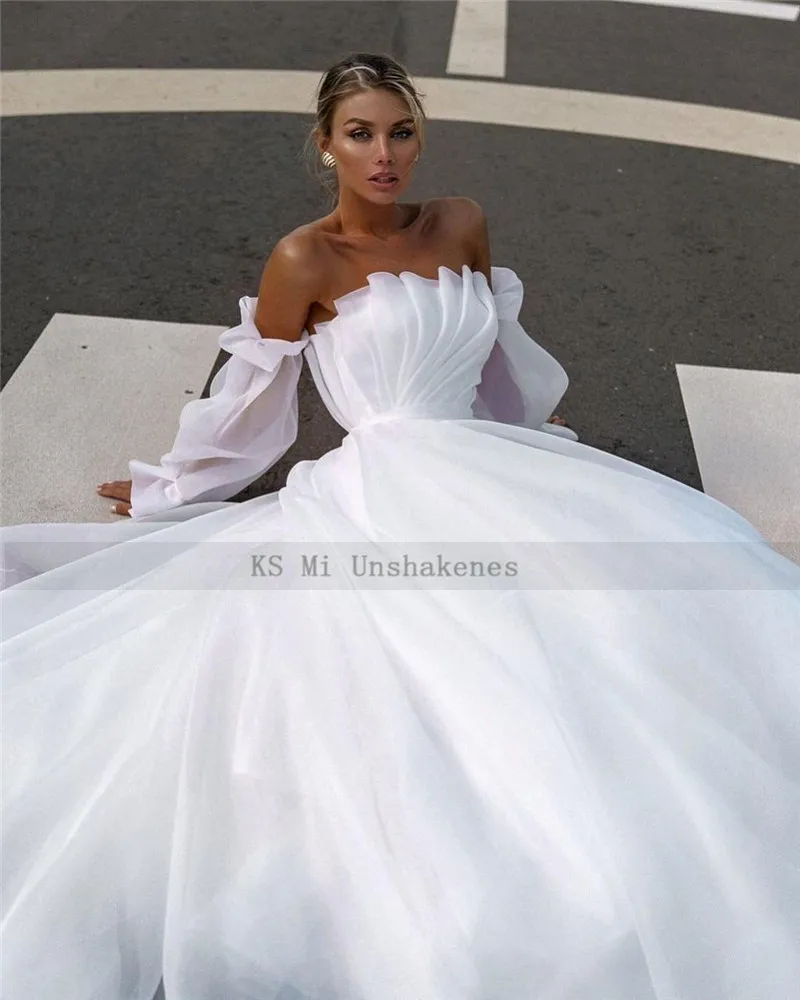 Elegant White Wedding Dresses 2021 Boho Wedding Gowns Pleated Puff Long Sleeve Bridal Dress Women Couture Spring Vestidos