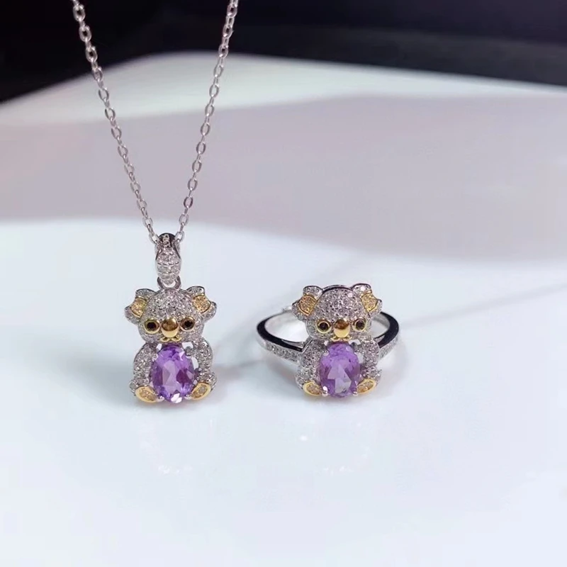 Lovely Animal style Amethyst Jewelry Set Including Ring Necklace for Women Natural Gem 925 Silver Good Gift