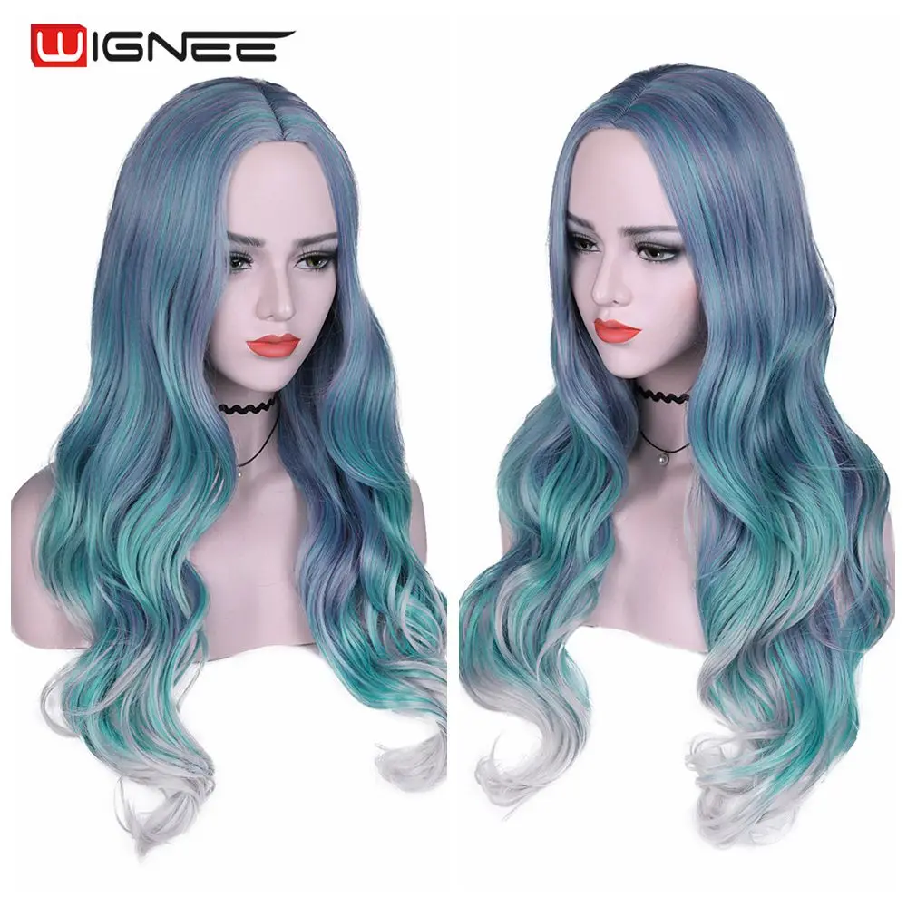 Wignee Long Wavy Synthetic Wigs Heat Resistant Middle Part Mix Blue Cosplay Hair For Women African American Natural Party Wigs