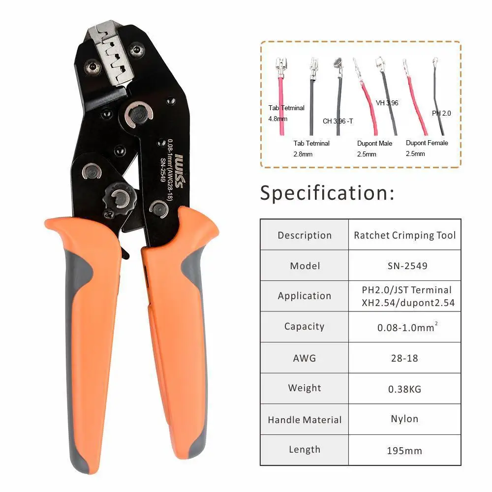 IWISS SN-2549 Crimping Plier for XH2.54/Dupont 2.54/2.8/3.0/3.96/4.8/KF2510/JST Terminal Ratcheting Wire Connector Crimper Tool