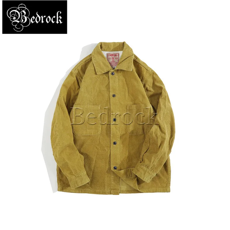 

MBBCAR vintagecorduroy cargo shirt for men Amekaji yellow casual shirts male porter light tops 3021