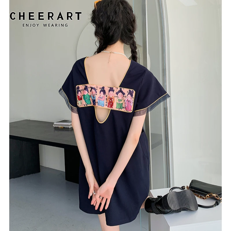 CHEERART Funky Backless Cartoon Flare Sleeve Summer Dress 2021 Designer Black Straight Mini Dress Women Japanese Fashion