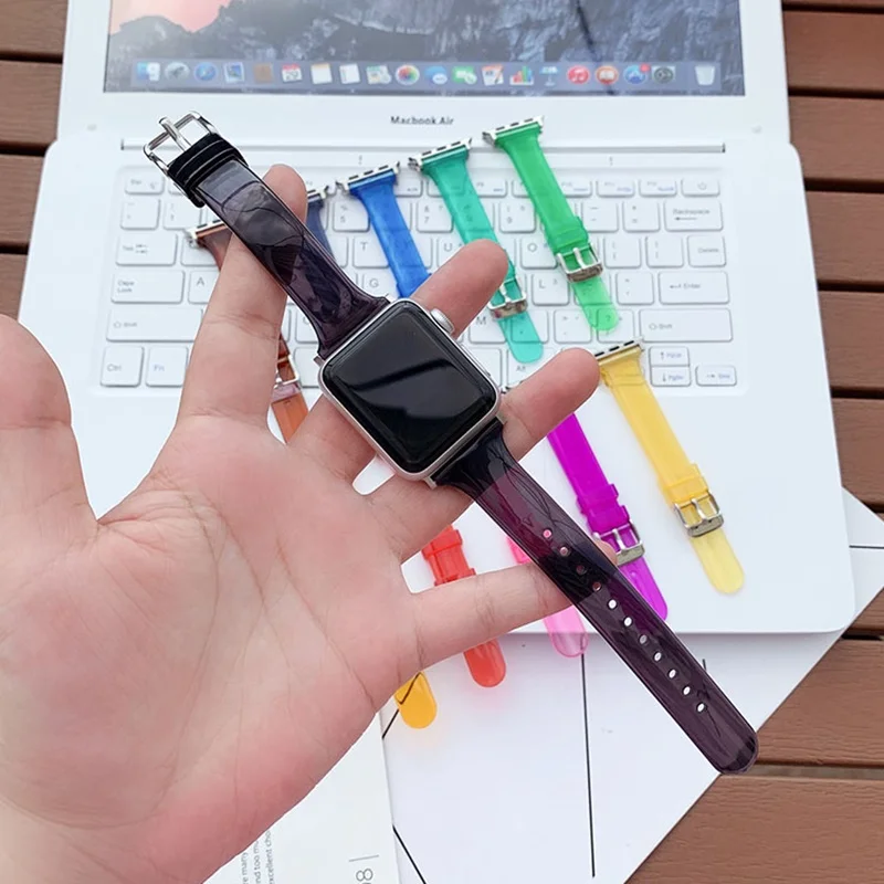 IWatch 2 3 4 5 6 SE Apple watch용 투명 시계 스트랩 38mm 42mm 40mm 44mm, 노란색 TPU 패션 교체 팔찌 손목