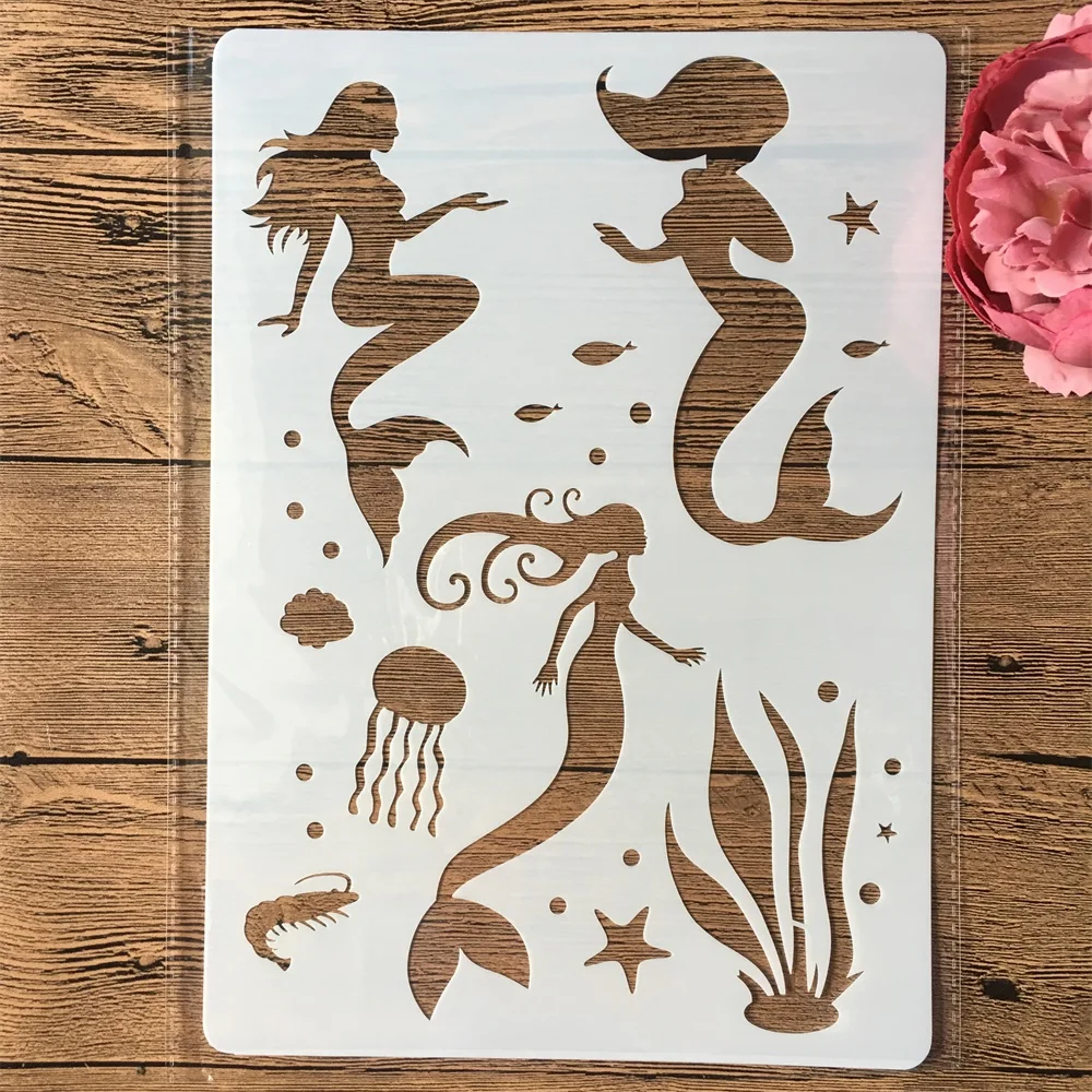 A4 29cm Mermaid Ocean DIY Layering Stencils Wall Painting Scrapbook Coloring Embossing Album Decorative Template