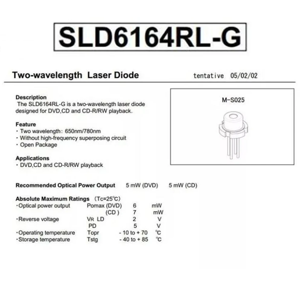 SLD6164RL-G diodo laser a doppia lunghezza d\'onda 5.6mm 780/650NM 5MW per SONY