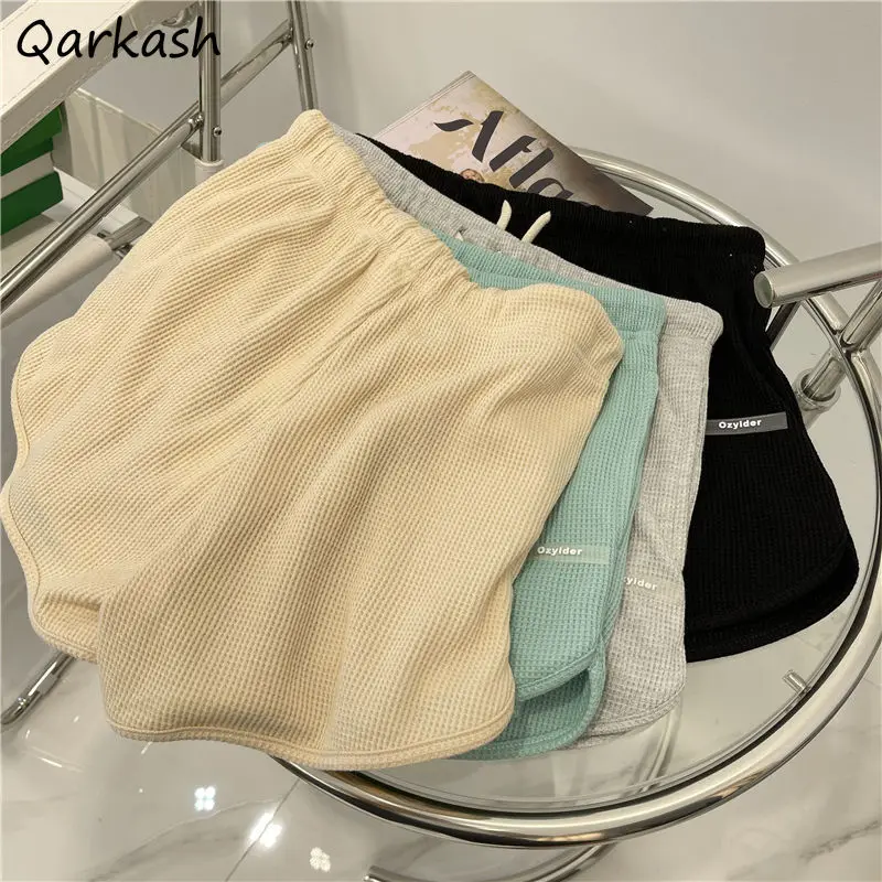 Waffle Shorts Women Candy Color Mint Green Summer Elastic Waist Loose Leisure Cozy Korean Style Home Wear All-match Wide Leg Ins