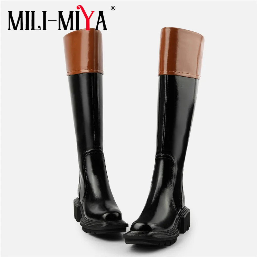 MILI-MIYA Fashion Women Cow Leather Knee High Snow Boots Warm Wool Zippers Wedges Solid Color Round Toe Handmade For Ladies