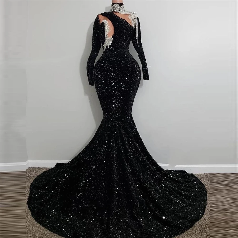 

Sparkly Black Sequins Mermaid Evening Dresses See Through Crystal Beaded High Neck Prom Gown Train Customized vestidos de fiesta