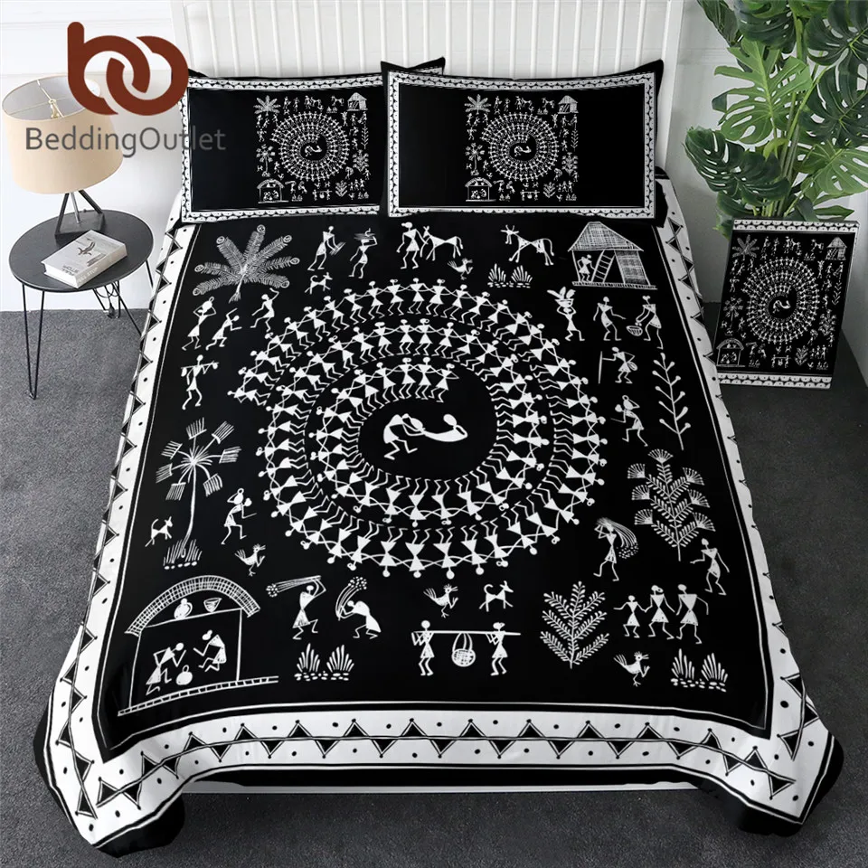 

BeddingOutlet Traditional Bedding Sets Ancient Tribal Art Comforter Cover 3pcs India Rural Life Bed Set Black White Duvet Cover