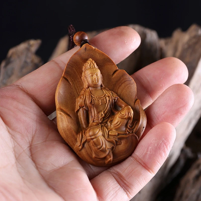 Hand-Carved Australian Sandalwood Guanyin Pendant, Elegant Buddha and Bodhisattva Necklace with Peace Charm