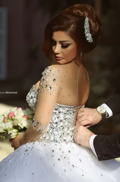 Detto Mhamad Ball Gown 2021 dopo il ricevimento di nozze abito maniche trasparenti da sposa con cristalli abiti da sposa su misura dolce festa