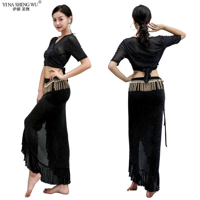 

Belly Dance Practice Clothes Women Top Short Sleeve Long Skirt V-Neck 2 Piece Bellydance Costume Stage Performance 2 Colors New