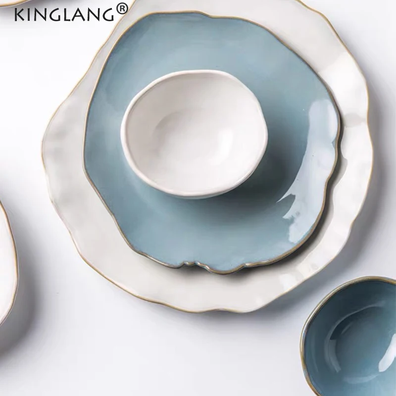 KINGLANG European Shaped Klin Glaze Ceramic Rice Bowl Commercial Creative Restaurant Blue  Bowl Household Dishes