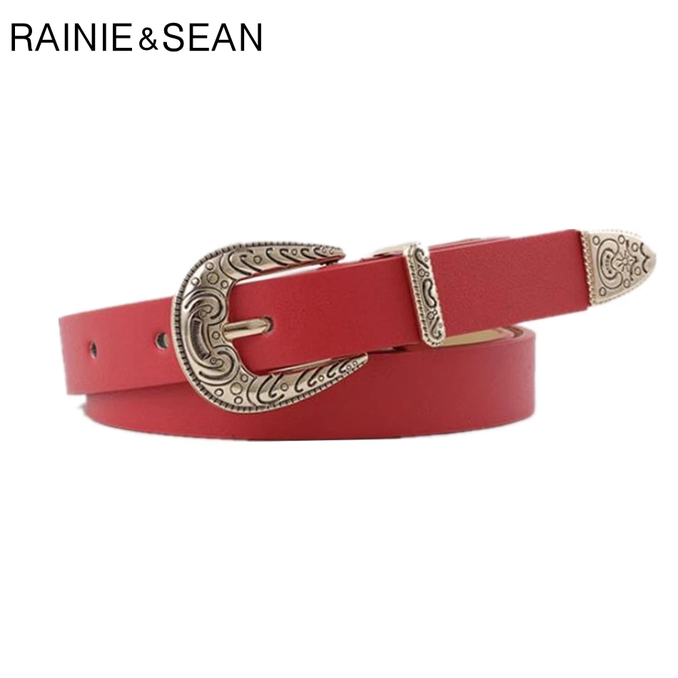 RAINIE SEAN Leather Belts For Women Red Pu Leather Women Belt Pu Leather Vintage Engrave Brand Ladies Leather Belts For Jeans