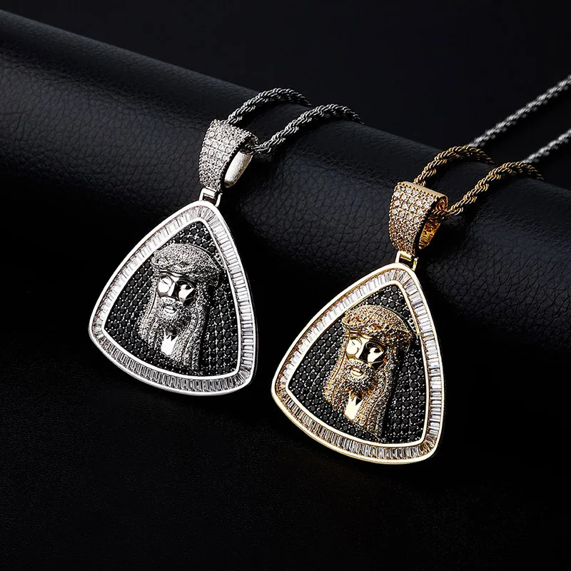 

Hip Hop AAA+ Cubic Zirconia Paved Bling Iced Out Triangle Jesus Piece Pendants Necklaces for Men Rapper Jewelry Drop Shipping