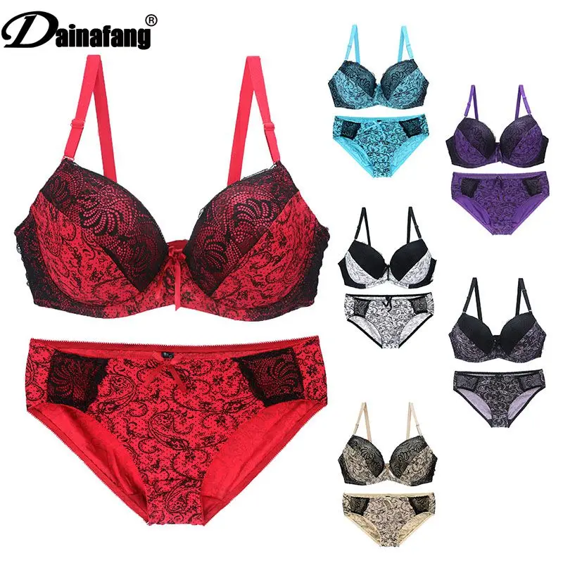 New Sexy Lace Shoulder Strap Bras Set Ladies Push Up Large Size Lingerie Plus Underwire BCDE Cup  Underwear