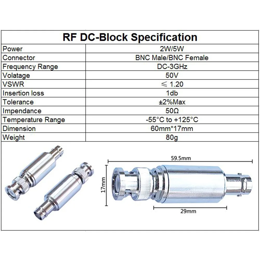 2W/5W DC-Block BNC Male to Female DC-3.0GHz RF Coaxial Block SWR 1.2 DC blocker Connector 50ohm